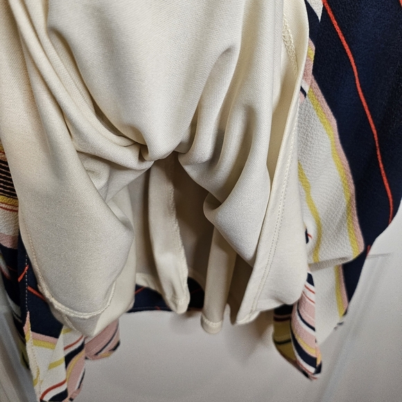 Lily Rose Blue Pink Butter Yellow Striped Cold Shoulder Keyhole 70s Dress Size L - Picture 9 of 11